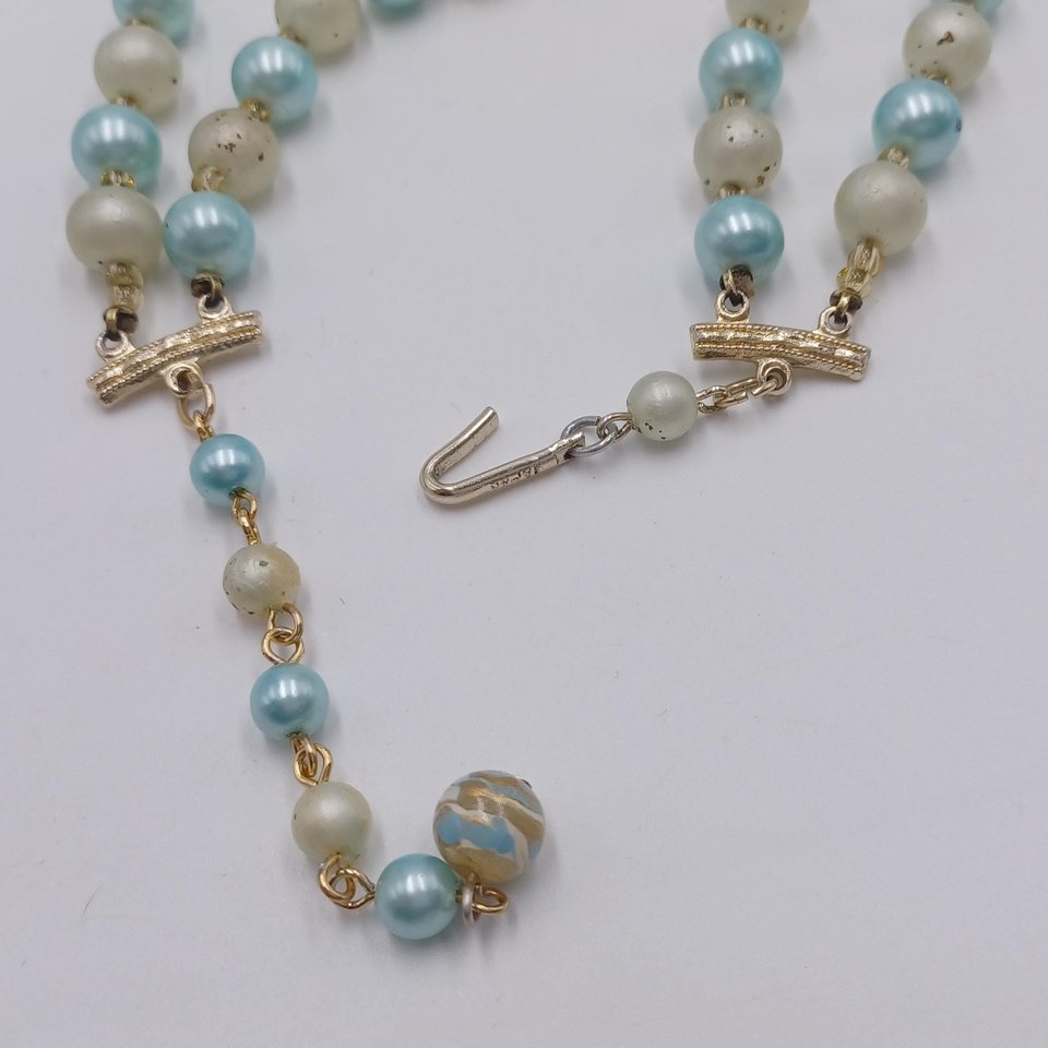 Vintage 1950's Pale Blue and Gold Tone Multi-Strand Beaded Necklace