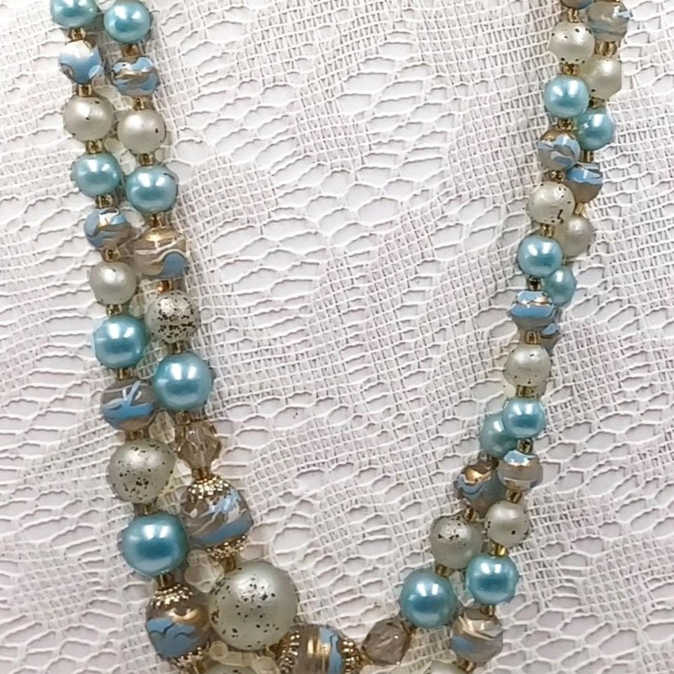 Vintage 1950's Pale Blue and Gold Tone Multi-Strand Beaded Necklace