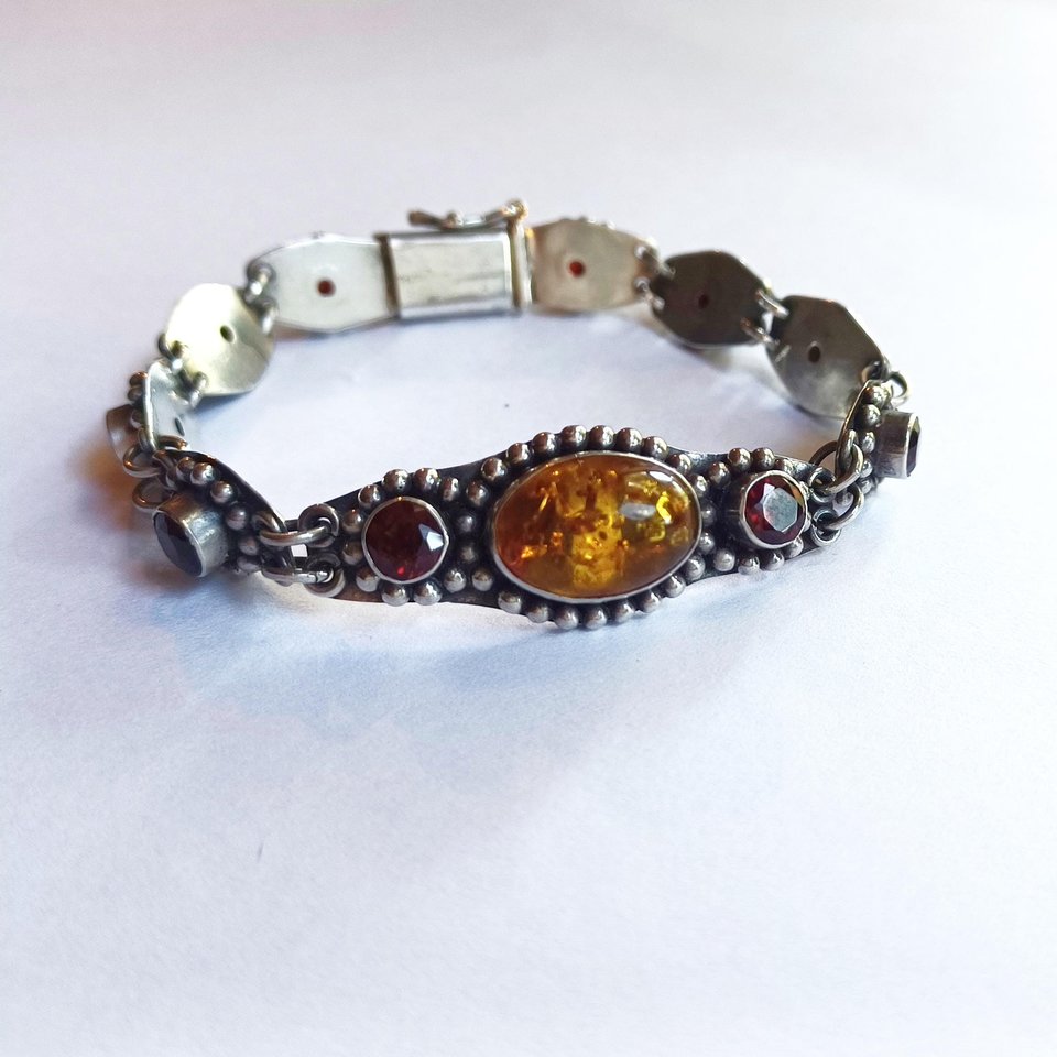 Sterling Silver with Amber and Garnet Stones Panel Link Bracelet