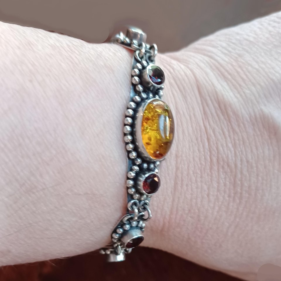 Sterling Silver with Amber and Garnet Stones Panel Link Bracelet