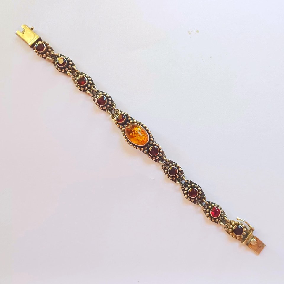 Sterling Silver with Amber and Garnet Stones Panel Link Bracelet