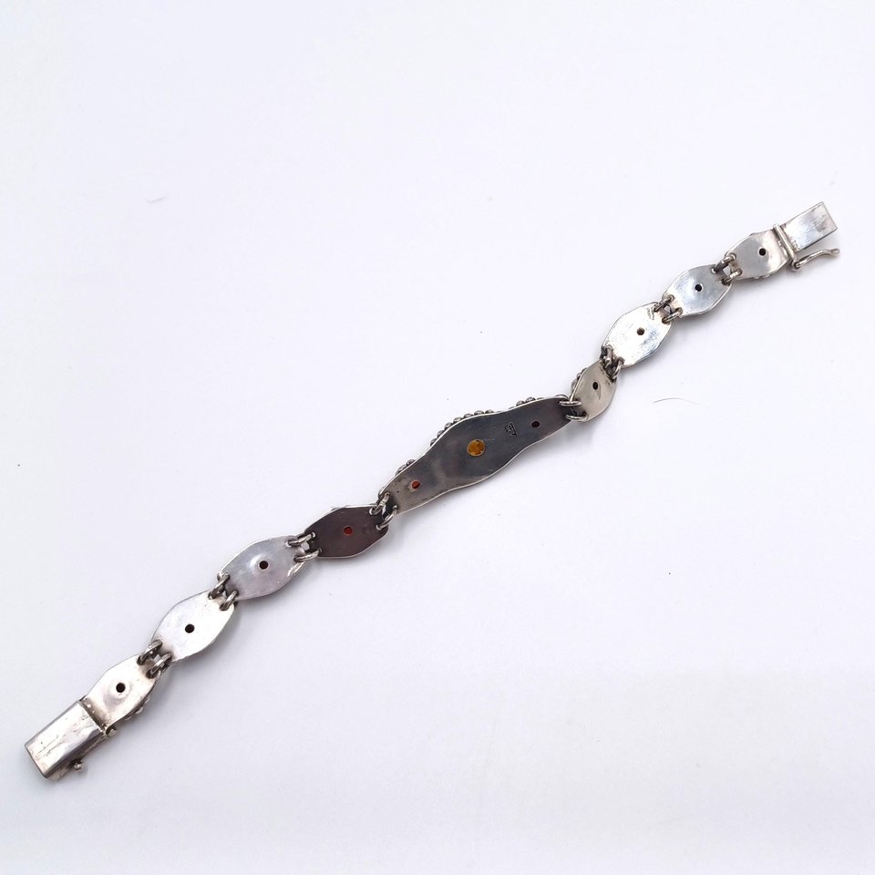 Sterling Silver with Amber and Garnet Stones Panel Link Bracelet