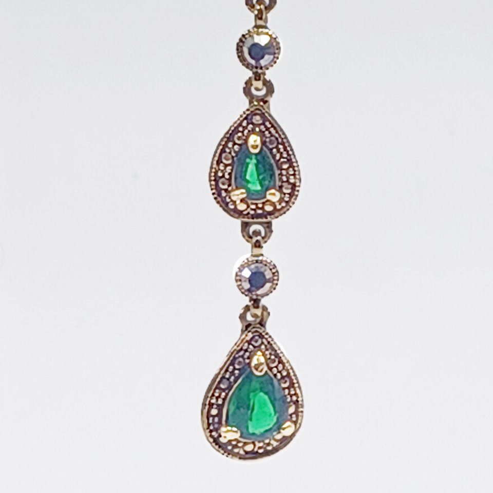 Monet Gold Tone and Dark Green Jewel Link Bracelet and Dangle Earrings Jewelry Set