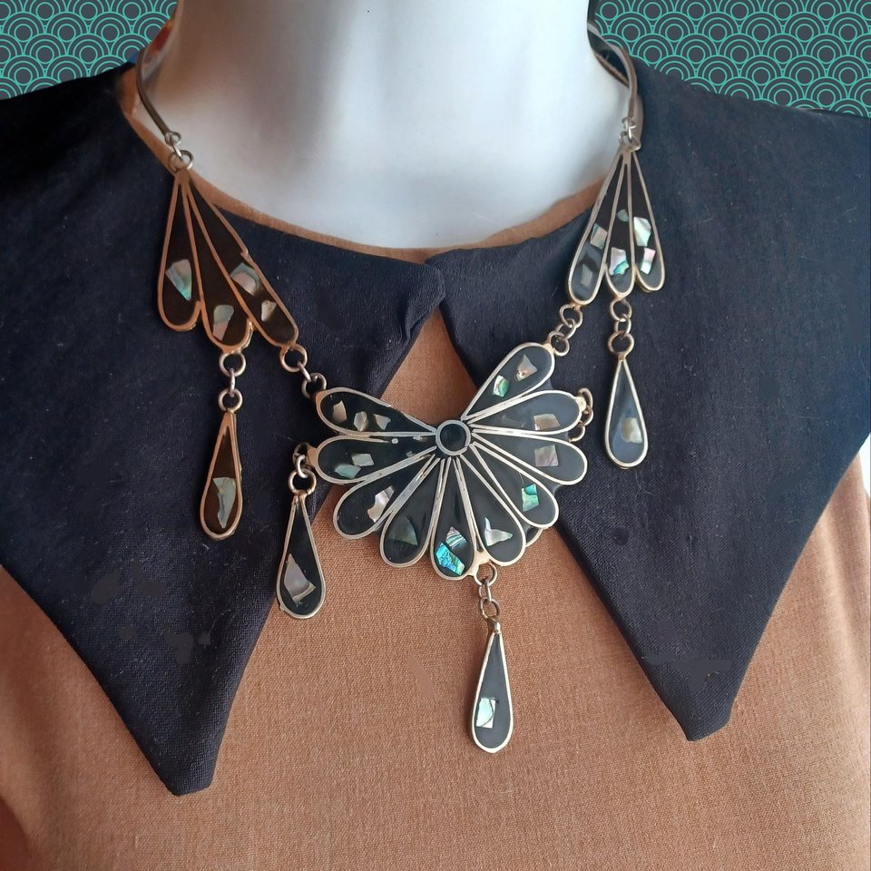 Mexican Alpaca and Abalone Inlay Necklace and Earrings Jewelry Set