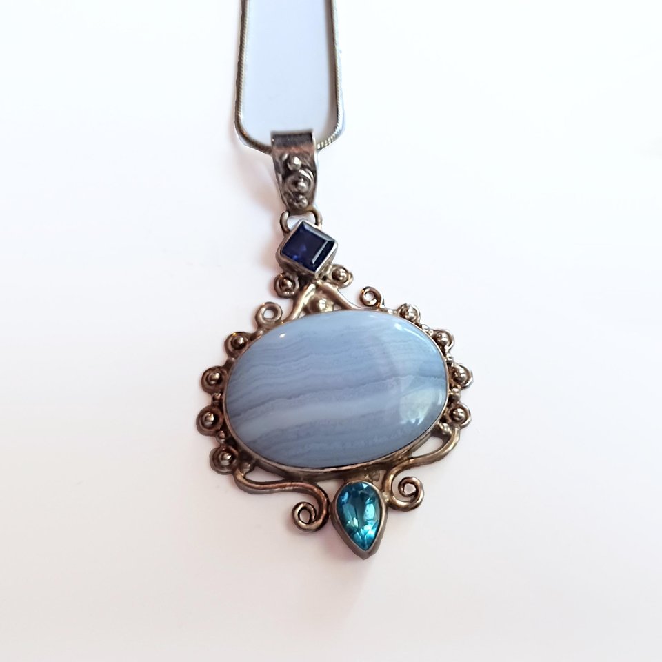 Large Blue Lace Agate and Sterling Silver Pendant Necklace, Gemstones, Signed SJ925