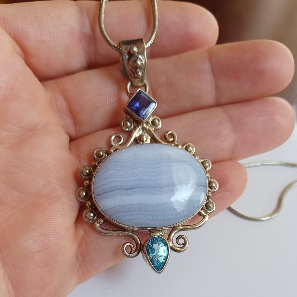 Large Blue Lace Agate and Sterling Silver Pendant Necklace, Gemstones, Signed SJ925