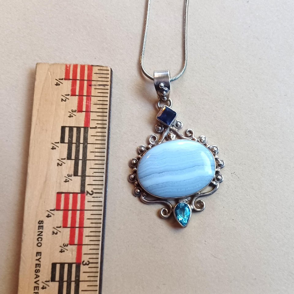 Large Blue Lace Agate and Sterling Silver Pendant Necklace, Gemstones, Signed SJ925