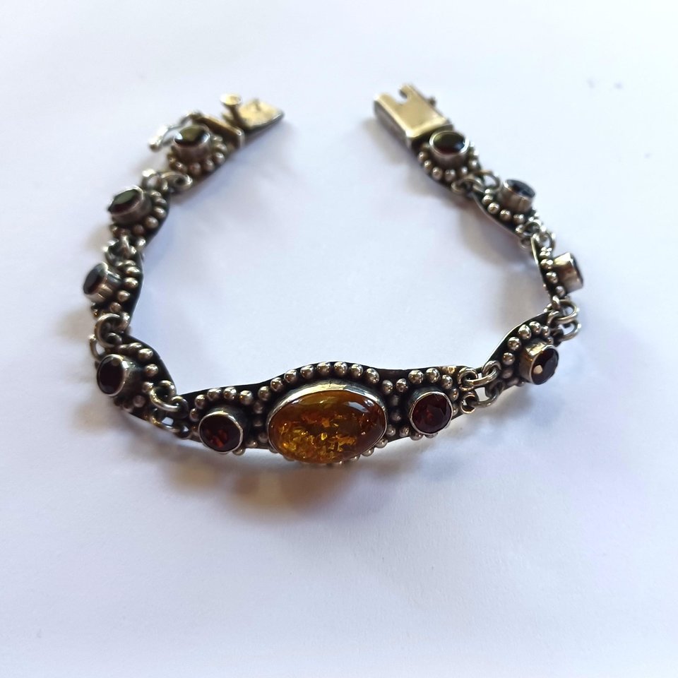 Sterling Silver with Amber and Garnet Stones Panel Link Bracelet