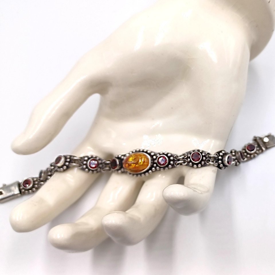 Sterling Silver with Amber and Garnet Stones Panel Link Bracelet