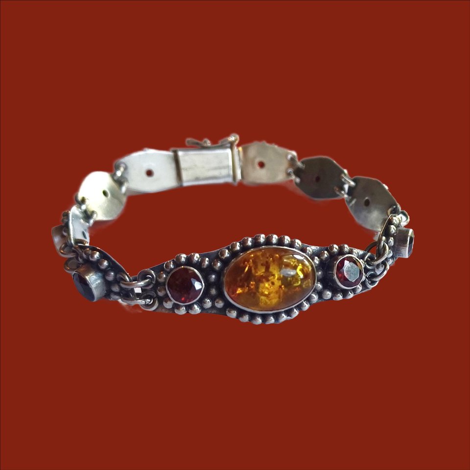 Sterling Silver with Amber and Garnet Stones Panel Link Bracelet