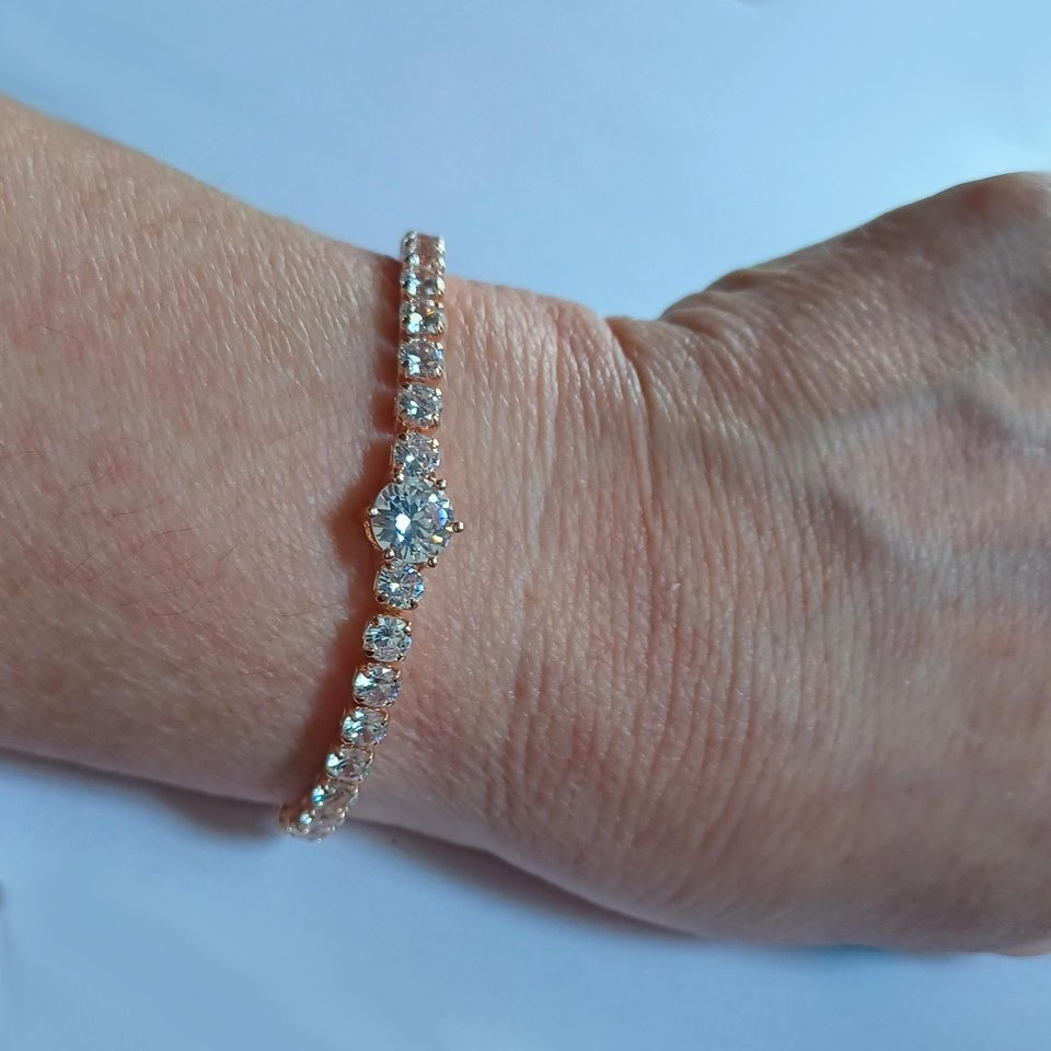 Rose Gold Tone Cubic Zirconia Adjustable Slide Tennis Bracelet, Gift for Her