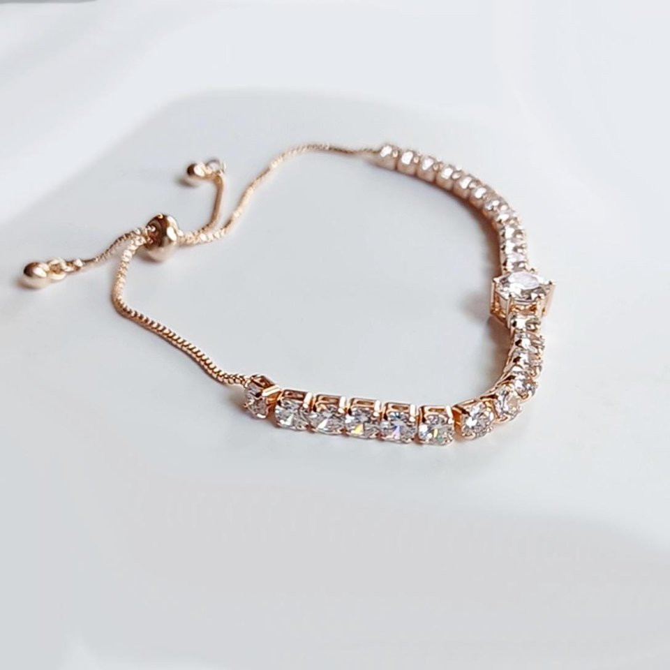Rose Gold Tone Cubic Zirconia Adjustable Slide Tennis Bracelet, Gift for Her