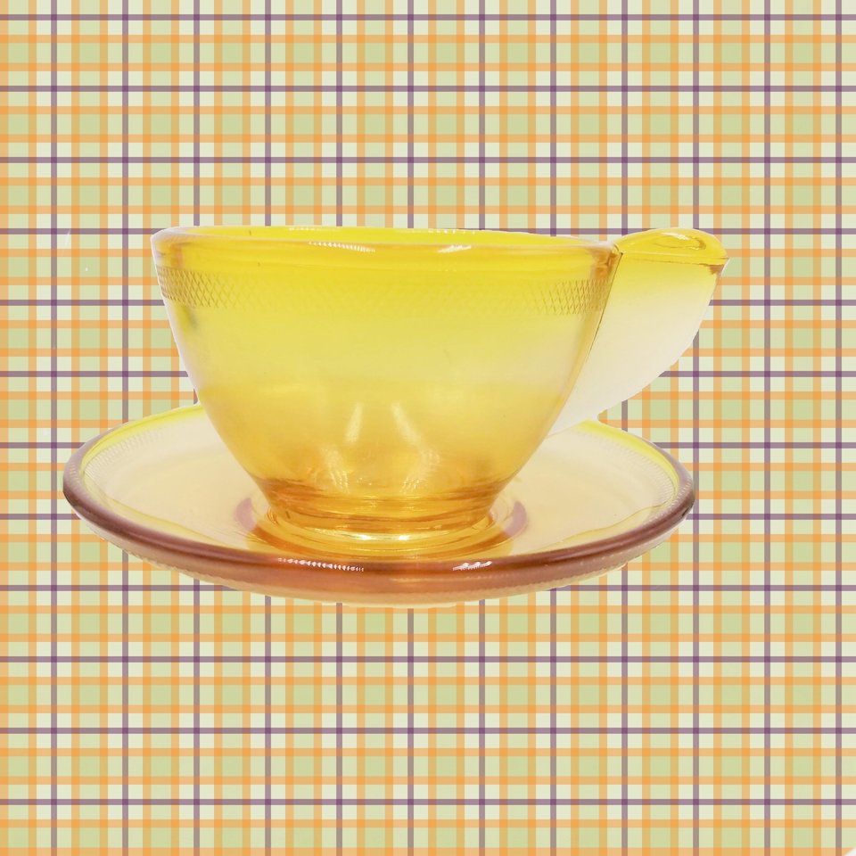 Vintage AKRO AGATE Miniature Stippled Band Topaz Pressed Glass Toy Teacup and Saucer Set, Circa 1935