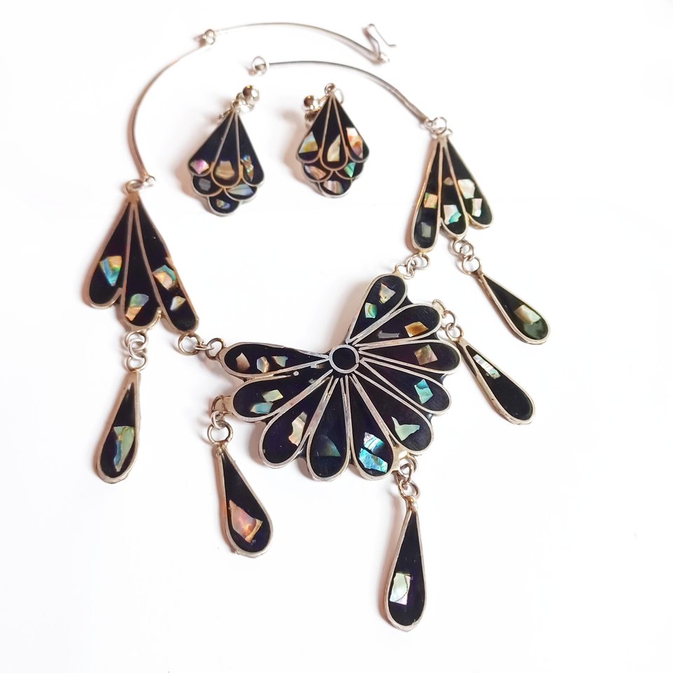 Mexican Alpaca and Abalone Inlay Necklace and Earrings Jewelry Set