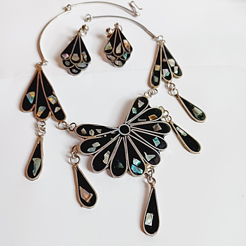 Mexican Alpaca and Abalone Inlay Necklace and Earrings Jewelry Set