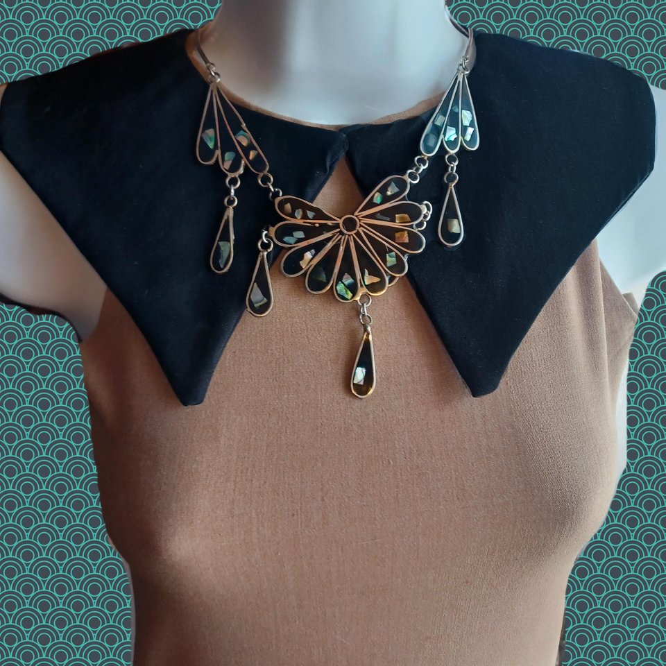 Mexican Alpaca and Abalone Inlay Necklace and Earrings Jewelry Set