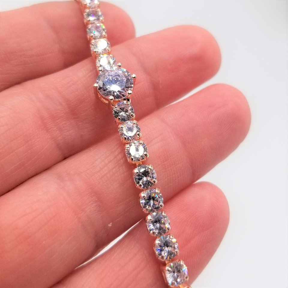 Rose Gold Tone Cubic Zirconia Adjustable Slide Tennis Bracelet, Gift for Her