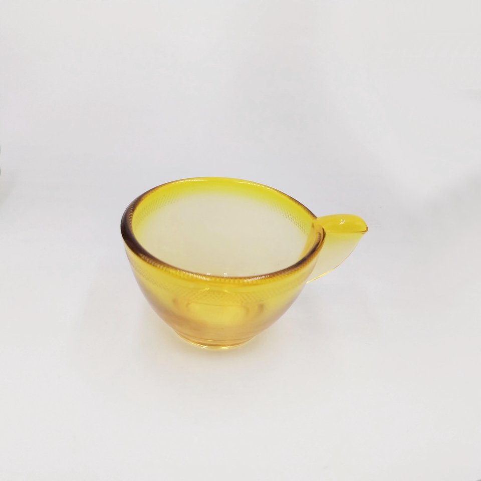 Vintage AKRO AGATE Miniature Stippled Band Topaz Pressed Glass Toy Teacup and Saucer Set, Circa 1935