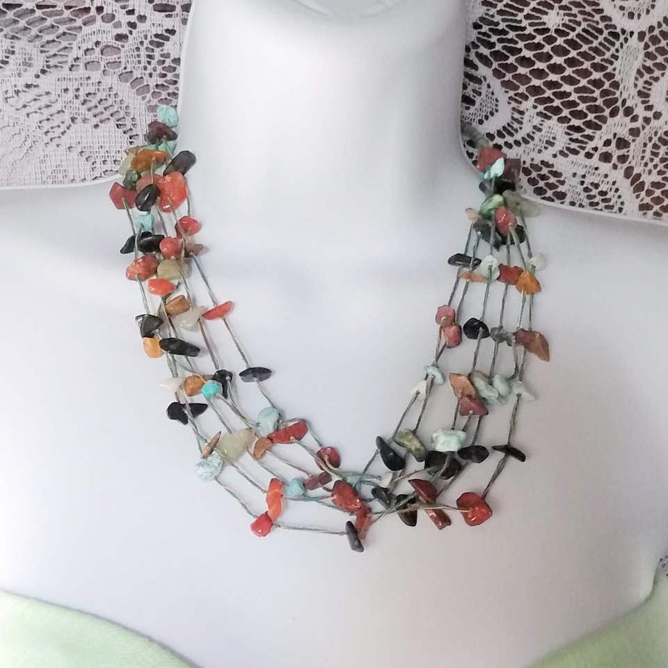 Native American Multi Strand Natural Gemstone Chip Southwestern Necklace, Vintage