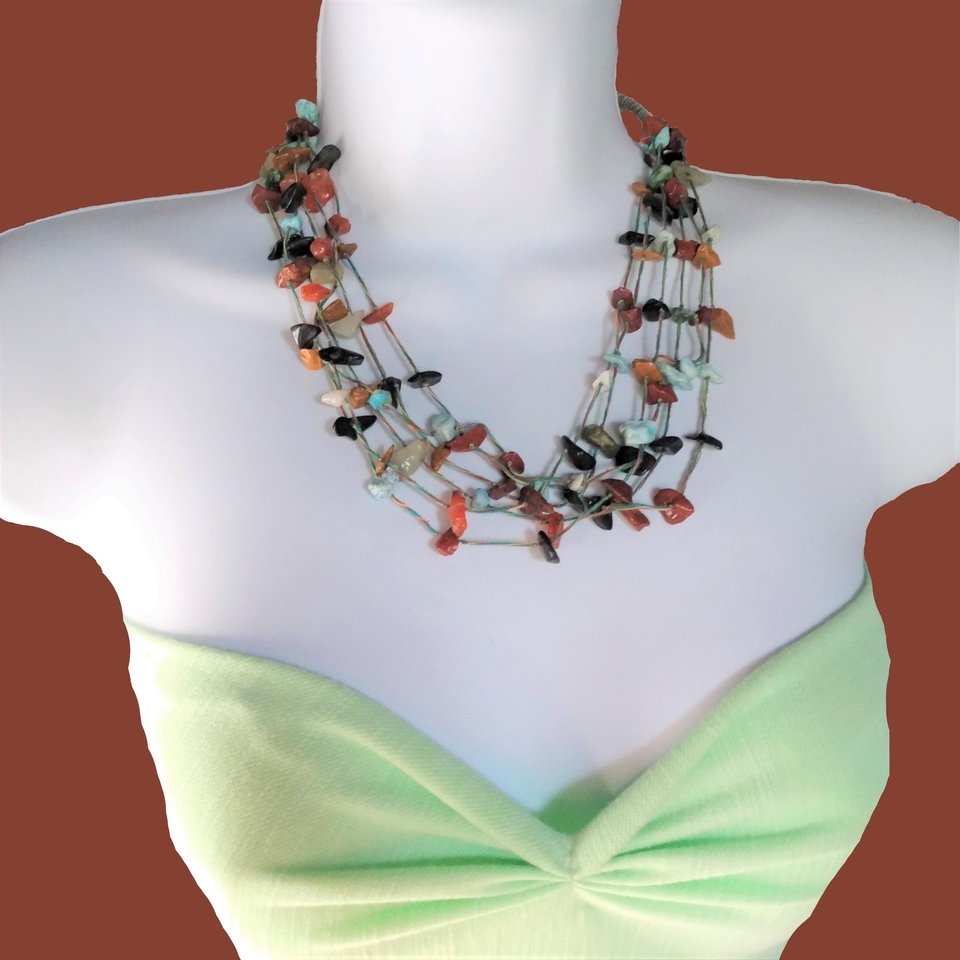 Native American Multi Strand Natural Gemstone Chip Southwestern Necklace, Vintage