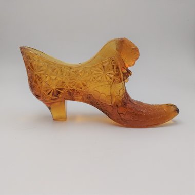 Vintage Amber Alligator Vamp Art Glass Cat Pressed Glass Shoe Slipper, Collectible Glass