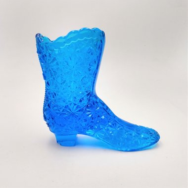 Large Blue Glass Shoe Boot, Daisy Buttons Pattern, Collectable Art Glass Shoe
