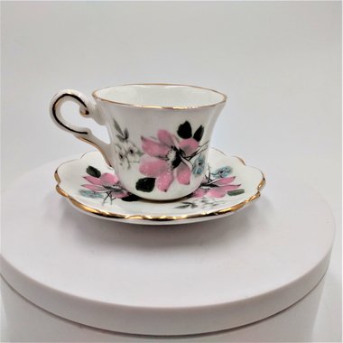 Grosvenor Miniature Demitasse Pink Floral Rose and Forget Me Not, Bone China Teacup and Saucer Set
