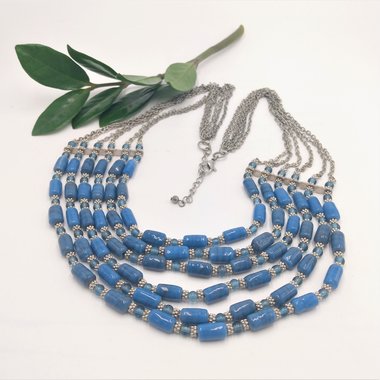 Silver Tone Multi- Strand Periwinkle Blue Barrel Beaded Bib Statement Necklace, Vintage