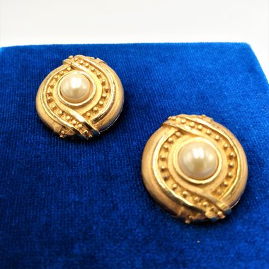 Signed Hobè Gold Tone and Faux Pearl Clip On earrings