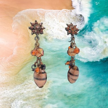 Stunning Vintage Lampwork Murano Style Glass Beads and Rhinestones Dangle Screw Back Earrings