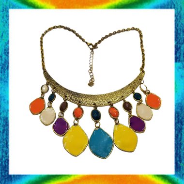 80's Exciting Colorful Brass Tone Fringe Bib Statement Necklace