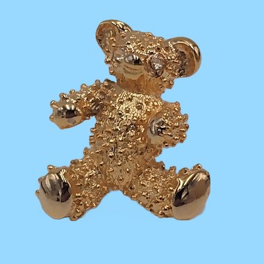Sweet Vintage Gold Tone Teddy Bear with Rhinestone Eyes Brooch, Signed AAi