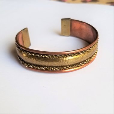 Bohemian Vintage Copper and Stamped Flowers on Brass Open Cuff Bracelet, 1970's