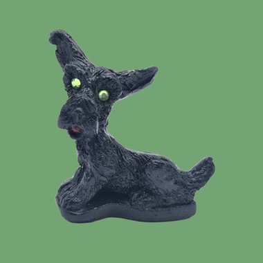 Vintage Carved Coal Scottish Terrier Dog Figurine, with Green Rhinestone Eyes