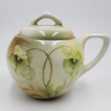 Beautiful Antique R S Germany Green and White Poppies Porcelain Lidded Sugar Bowl