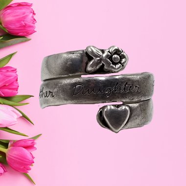 Sterling Silver Heart and Flower Mother Daughter Wrap Around Bypass Band Ring Size 6