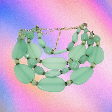 Huge Vintage Chunky Semi Translucent Mint Green Lucite  Multi- Strand Beaded Statement Necklace, Springtime Vibes