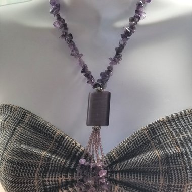Beautiful Vintage Natural Amethyst Chip Beaded Tassel Necklace