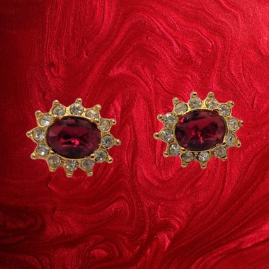 Sparkling Vintage Rosa Gold Tone Clear Rhinestones Surrounding a Larger Red Oval Rhinestone Stud Earrings