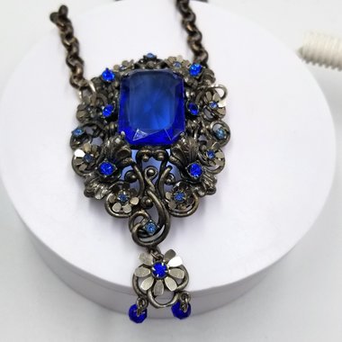 Czech Victorian Revival Decadent Vintage Gothic Large Blue Glass Ornate Pendant Rebuilt Necklace