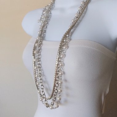 Silver Tone Chain and Faux Pearls Layered Statement Necklace, High Quality Vintage Heavy