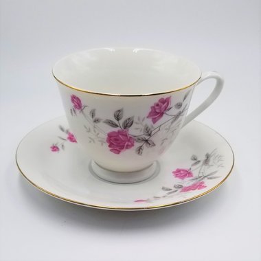 Vintage White with Pink Roses Teacup and Saucer Set, Made in China, Mother's Day Gift
