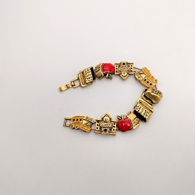 Vintage Matte Yellow Gold Tone School Days Slide Charm Bracelet