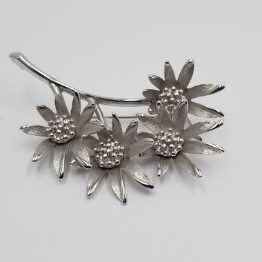 Vintage Signed Judy Lee Mid Century Silver Tone Multi-Flower Brooch