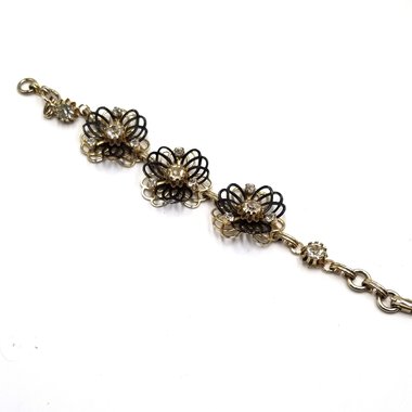Vintage Gold Tone and Black Rhinestones and Flower Panel Bracelet