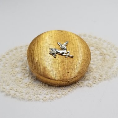 Vintage Du Barry Cloudsilk Powder Makeup Compact, Champagne Beige, Brushed Gold Tone with Silver Tone Fawn on Front