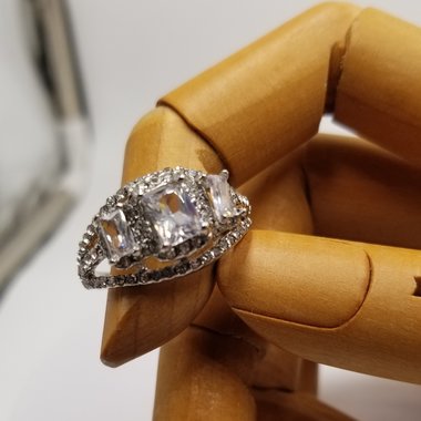 Sparkling Fashion 3 Stone Halo Silver Tone Cubic Zirconia Solitaire Ring, Size 11