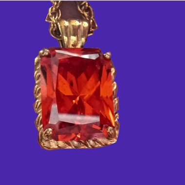 Vintage Emerald Cut Pendant and Chain with Gold Plated Vermeil Finish. Large Orange Cubic Zirconia