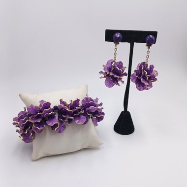 Hong Kong Purple Petal Vintage  Bracelet and Earrings Jewelry Set