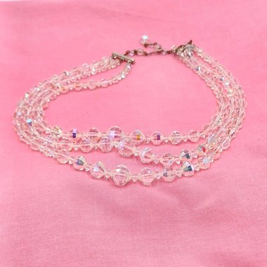 Triple Strand Faceted Aurora Borealis Crystals Graduated Necklace, Most Brilliant Crystals